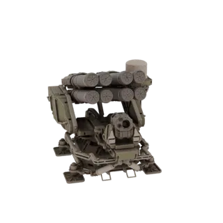 3D model of a modular rocket launcher turret with multiple missile tubes, presented on a black background.