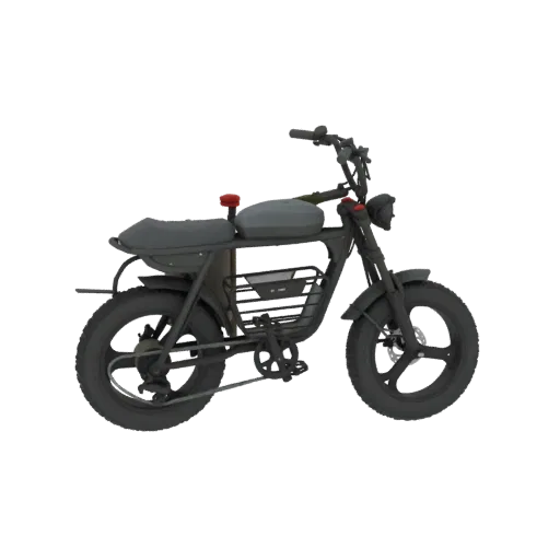 Un modelo 3D de una motocicleta eléctrica gris oscuro de estilo retro con neumáticos anchos y un faro vintage.