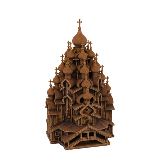 A detailed 3D model of a traditional wooden church with multiple onion domes and intricate architectural features, presented