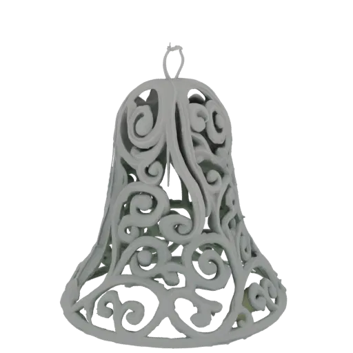 A 3D render of a white, ornate filigree bell with intricate swirling patterns, presented on a black background.
