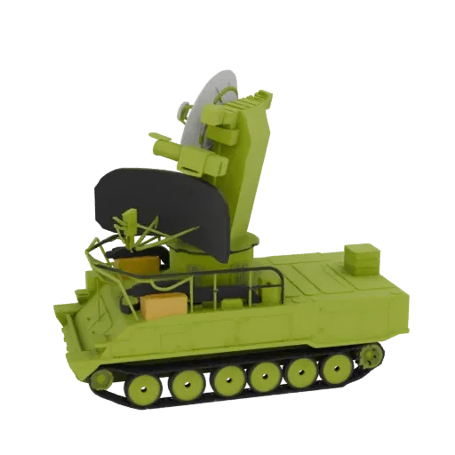 3D model of a light green tracked radar vehicle with a large dish antenna, shown from a side-angle.