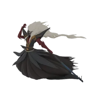 3D model of a fierce Oni-masked warrior with long white hair and a dark, flowing robe, posed dynamically.