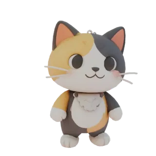 3D-Modell einer süßen dreifarbigen Chibi-Katze mit großen Augen und einem Lächeln, auf weißem Hintergrund