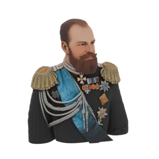 3D-Modell Büste von Zar Alexander III. in schwarzer Militäruniform mit goldenen Epauletten, blauem Band und mehreren detailli