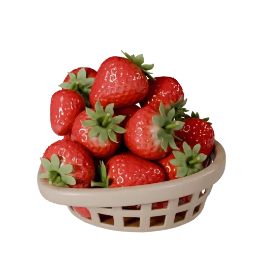 Ripe Strawberry Basket Realistic 3D model, three-quarter studio render, showing skin pores, recognizable fruit forms.