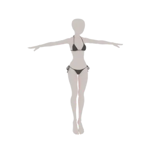 3D-Modell einer weiblichen Figur in T-Pose mit einem schwarzen Bikini, die Arme ausgestreckt.