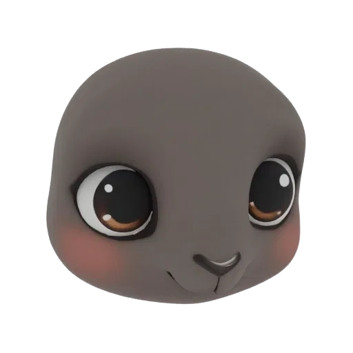 3D model of a cute cartoon animal head with large brown eyes, rosy cheeks, and a small nose, rendered on a white background.