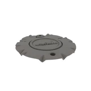 Modèle 3D d'un cache-moyeu Verde gris avec le logo en relief au centre, sur fond blanc.