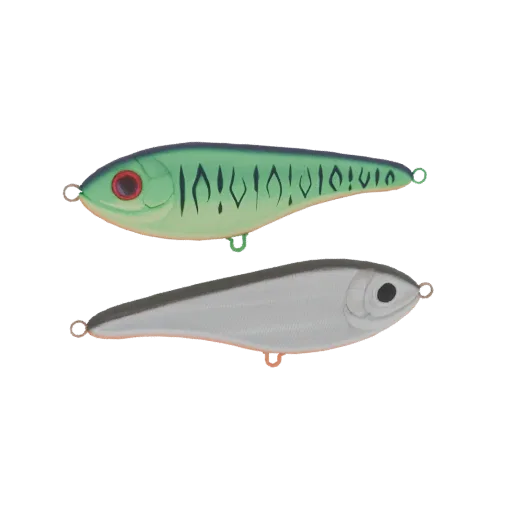 3D model of two fishing lures: one green with black stripes and red eye, the other silver, against a black background.