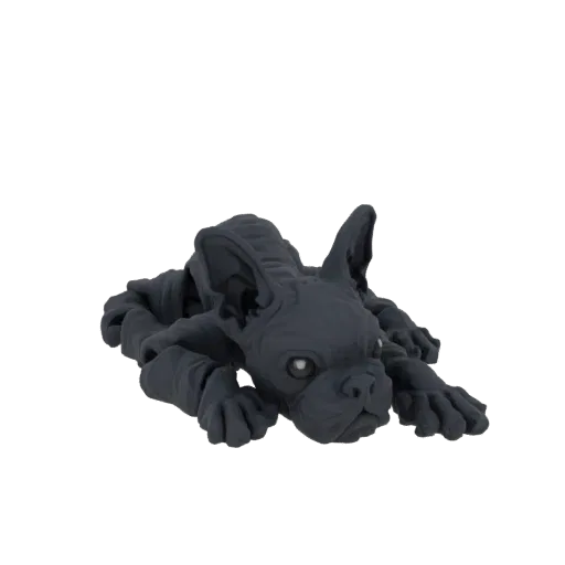 A dark, textured 3D model of a French Bulldog in a gargoyle pose, with glowing eyes, against a black background.