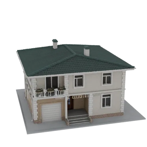 3D model of a two-story house with a garage, balcony, and green tiled roof, rendered on a white background.