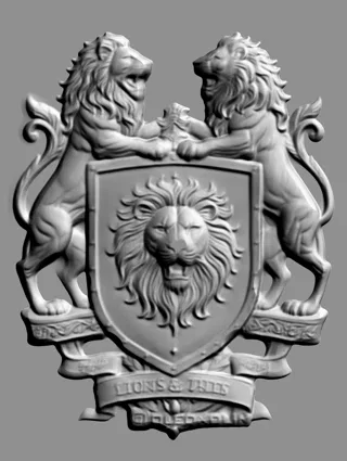 3D model of a bas-relief with two lions holding a shield with a lion's head, on a gray background