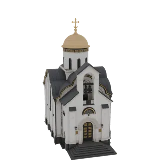 Modelo 3D de uma igreja ortodoxa branca com cúpula dourada, campanário e portas douradas ornamentadas, contra um fundo branco