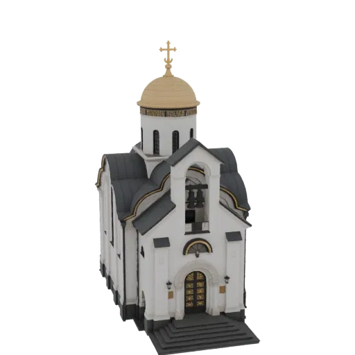 3D model of a white Orthodox church with a golden dome, bell tower, and ornate golden doors, set against a white background.