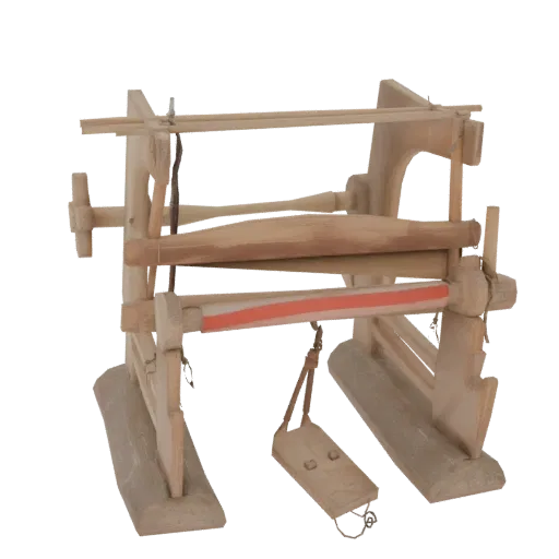 3D model of a traditional wooden loom with visible warp threads and shuttle, set against a black background.
