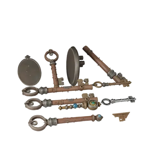 Cursed Loot Key 3D model, three-quarter front view, Unreal Engine viewport, showing aged wood, clear pickup silhouette.