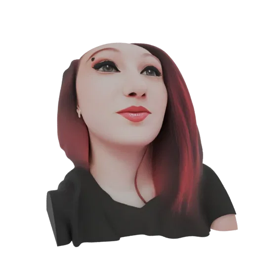 3D-Modell eines Gothic Anime Mädchens mit langen, fließenden roten Haaren, großen ausdrucksstarken Augen und kräftigem rotem