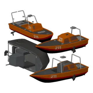 3D model of an orange rescue boat with '211' markings, shown from multiple angles.