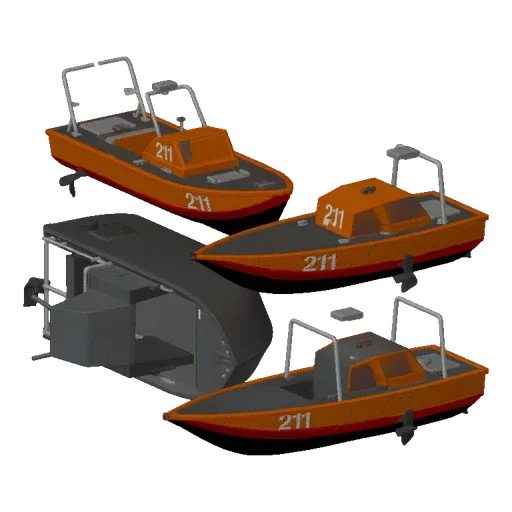 3D model of an orange rescue boat with '211' markings, shown from multiple angles.