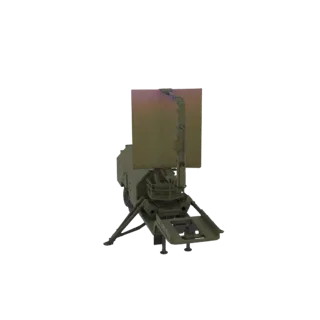 3D model of a mobile radar system with a large dish and deployable legs, presented against a white background.