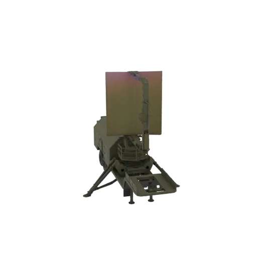3D model of a mobile radar system with a large dish and deployable legs, presented against a white background.