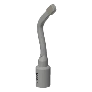 3D-Modell einer gekrümmten Dental-Lichthärtungsspitze mit texturiertem, sechseckigem Kopf, präsentiert vor weißem Hintergrund