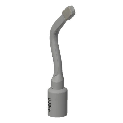3D model of a curved dental curing light tip with a textured, hexagonal head, presented against a white background.