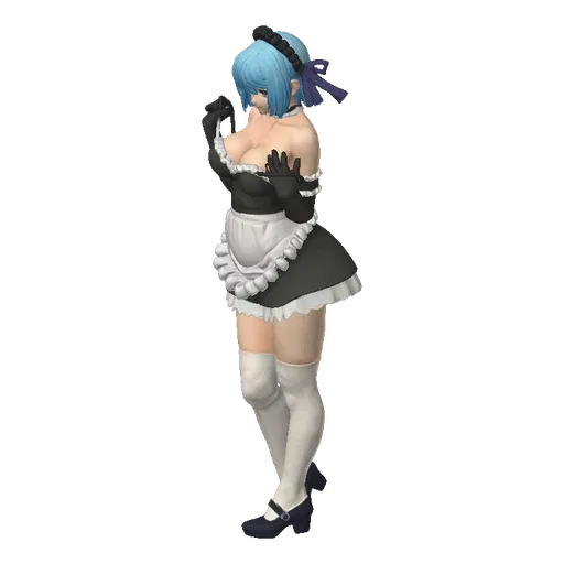 Modello 3D di una maid anime con capelli blu, indossa un abito da cameriera bianco e nero, in una posa aggraziata.
