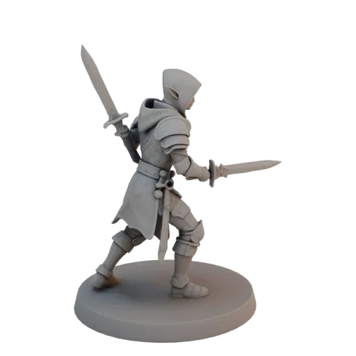 Figurine STL de Voleur Elfe Médiéval en Charge, rendu trois-quarts sur table, figurine d'escarmouche imprimable en résine ave