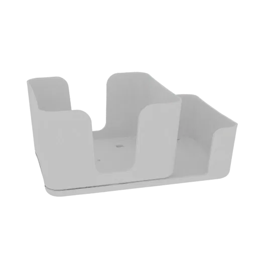 Un rendering 3D di un organizzatore da scrivania moderno bianco con tre scomparti, che mostra le sue linee pulite e il design