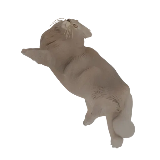 Modelo 3D de un gato marrón claro capturado a medio salto, mirando hacia arriba con expresión juguetona.