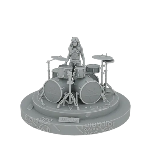 3D model of a heavy metal drummer with long hair, wearing a stylized outfit, behind a drum kit featuring pentagram symbols on