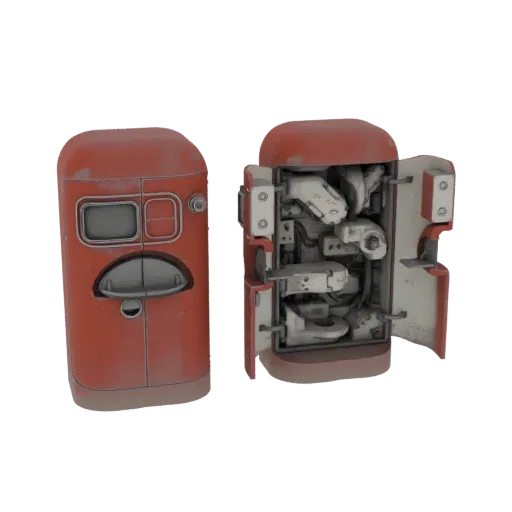 3D model of a retro-futuristic vending machine with a weathered red exterior and one side open to reveal intricate internal m