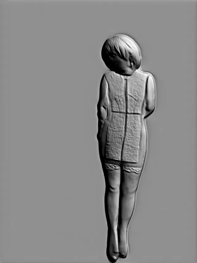 3D model of a female figure bas-relief in a sheath dress, rear view