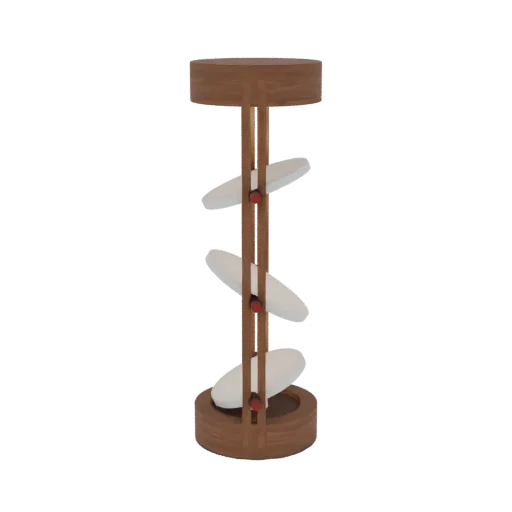 Ein 3D-Render eines modernen Holz-Tellerständers mit drei spiralförmigen Regalen und roten Akzenten, zum Präsentieren von Zie