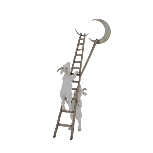 Modelo 3D de dos cabras blancas escalando una escalera de madera hacia una luna creciente sobre fondo negro.