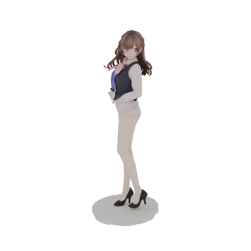 3D model of an anime schoolgirl with brown hair, purple eyes, wearing a pink bow, navy vest, and black high heels, standing o