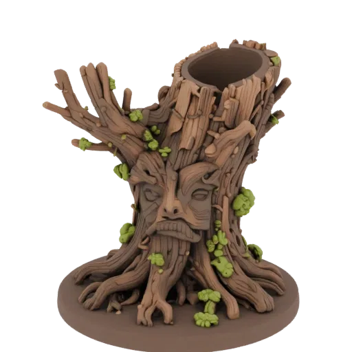 3D model of an ancient forest ent head pot with an expressive face, roots, and moss-covered branches.