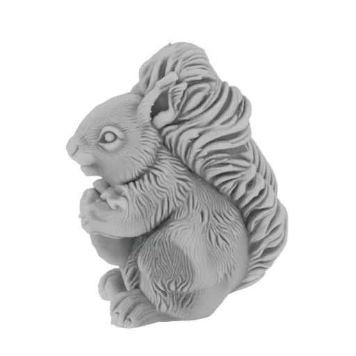 3D model of a grey squirrel with a bushy tail, holding a nut in its paws, against a white background.
