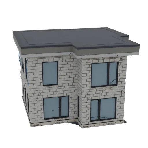 Modello 3D casa moderna due piani, tetto piano, facciata mattoni bianchi, grandi finestre.