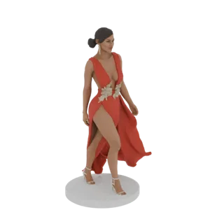 Modelo 3D de uma mulher em vestido vermelho, caminhando com uma perna à frente, exibindo uma fenda alta e enfeites florais.