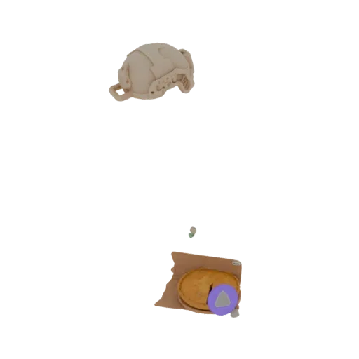 3D model of a tactical helmet and a pie on a brown paper wrapper, rendered with realistic textures.