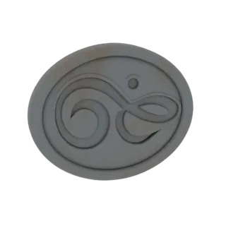 Rendu 3D d'un emblème ovale avec une surface texturée grise et un design abstrait tourbillonnant central.