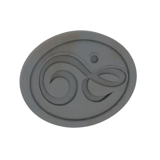 3D render of an oval emblem with a grey, textured surface and a central swirling abstract design.