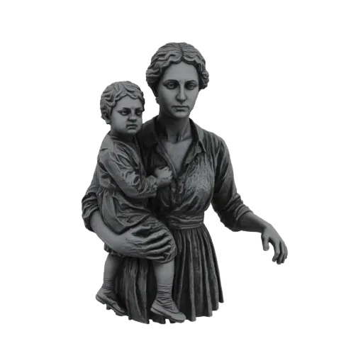 3D model render of a stone-like sculpture of a mother holding her child, with detailed clothing and expressions.
