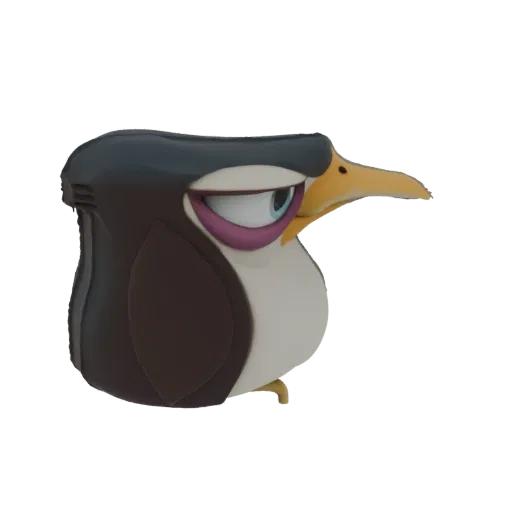 Uma renderização 3D de um pinguim com aparência rabugenta, coloração marrom-escura e branca, bico amarelo e expressão facial