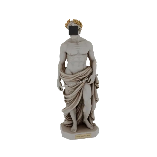 3D model of a classical Greek athlete statue with a laurel wreath and draped cloth, standing on a hexagonal base.
