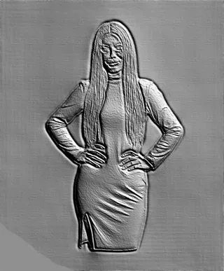 3D model of a woman in a form-fitting slit dress bas-relief, standing in a confident pose.
