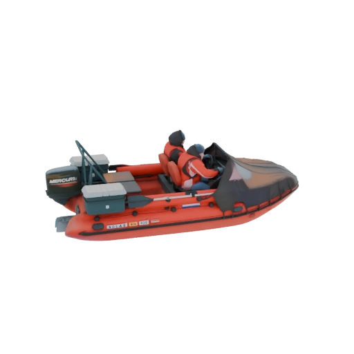 3D model of an orange rigid inflatable boat with two figures, a Mercury outboard motor, and a dark cover.
