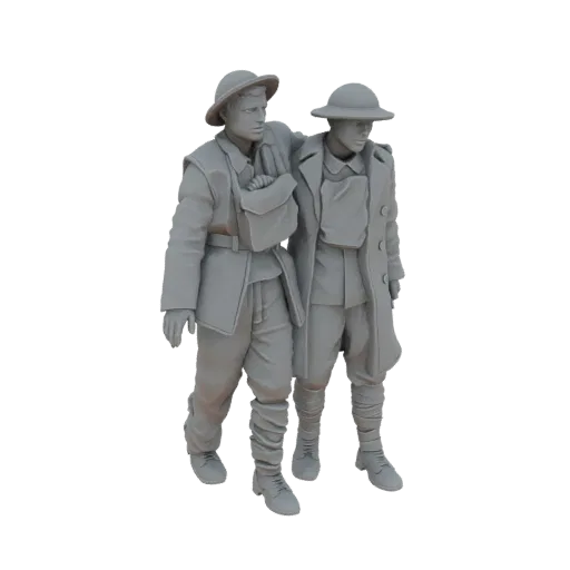 3D model of two WWI soldiers, one supporting a wounded comrade, rendered in gray plastic.